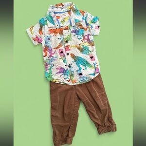 Colorful Dinosaur Print Kids Shirt with Brown Corduroy Pants to Match